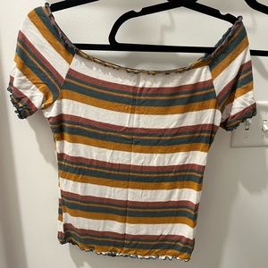 Ruffle hem short sleeved off shoulder striped top- charlotte rouse